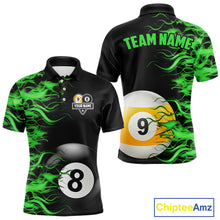 Load image into Gallery viewer, Green Flaming 8 Ball &amp; 9 Ball Billiard Shirt For Men Custom Pool Team Jersey Polo &amp; 1/4 Zip TDM5482