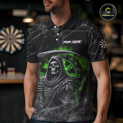 Black And Green Smoke Grim Reaper Funny Dart Shirts For Men Custom Dart Jerseys, Darts Clothing TDM5486