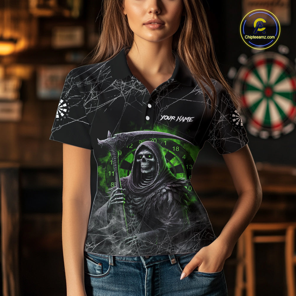 Black And Green Smoke Grim Reaper Funny Dart Shirts For Women Custom Dart Jerseys, Darts Clothing TDM5486