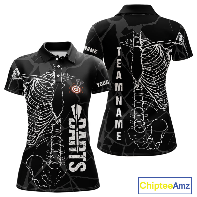 White Skeleton Custom Black Grunge Darts Polo & 1/4 Zip, Funny Dart Shirts For Women Dart Jerseys TDM3746
