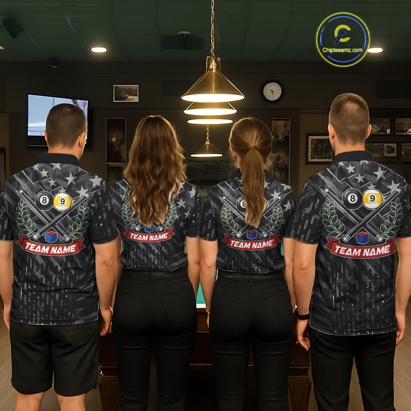 Black US Flag 8 Ball & 9 Ball Pool Billiard Shirt For Men Custom Billiard Team Jersey Polo, 1/4 Zip TDM6533
