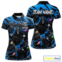 Load image into Gallery viewer, Blue grim reaper lightning 8 ball billiard polo shirt for women with custom pool team graphics.