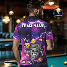 Load image into Gallery viewer, Back view of man wearing a purple 8 ball and 9 ball tornado pool shirt in a billiards hall.