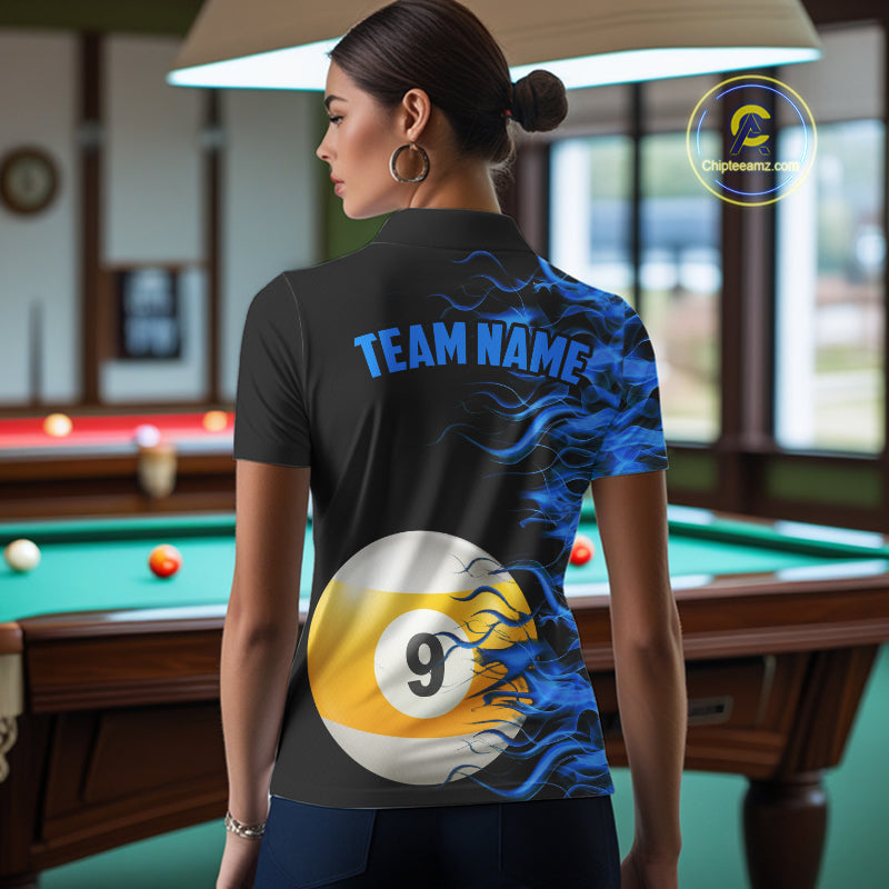 Blue Flaming 8 Ball & 9 Ball Billiard Shirt For Women Custom Pool Team Jersey Polo & 1/4 Zip TDM4377