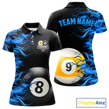 Load image into Gallery viewer, Blue Flaming 8 Ball &amp; 9 Ball Billiard Shirt For Women Custom Pool Team Jersey Polo &amp; 1/4 Zip TDM4377