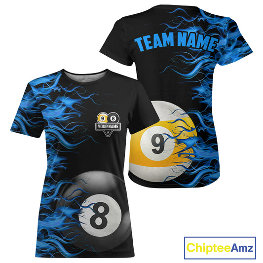 Blue Flaming 8 Ball & 9 Ball Billiard T-Shirt For Women Custom Pool Team Jersey TDM4377