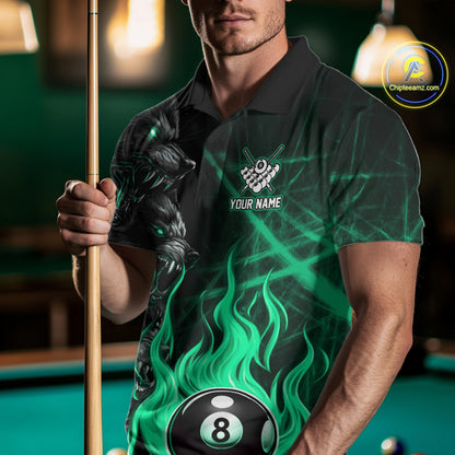 Man Wearing Custom Turquoise Wolf Flaming 8 Ball Pool Fire Billiard Shirt, Front View