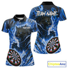 Load image into Gallery viewer, Blue Flaming Wolf Dartboard Jersey For Women Custom Darts League Team Shirt Polo &amp; Quarter Zip TDM5023