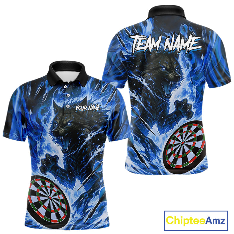 Blue Flaming Wolf Dartboard Jersey For Men Custom Darts League Team Shirt Polo & Quarter Zip TDM5023
