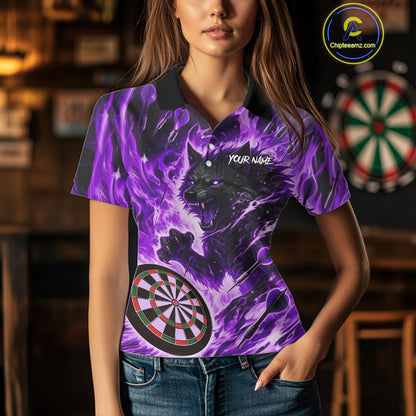 Purple Flaming Wolf Dartboard Jersey For Women Custom Darts League Team Shirt Polo & Quarter Zip TDM5024