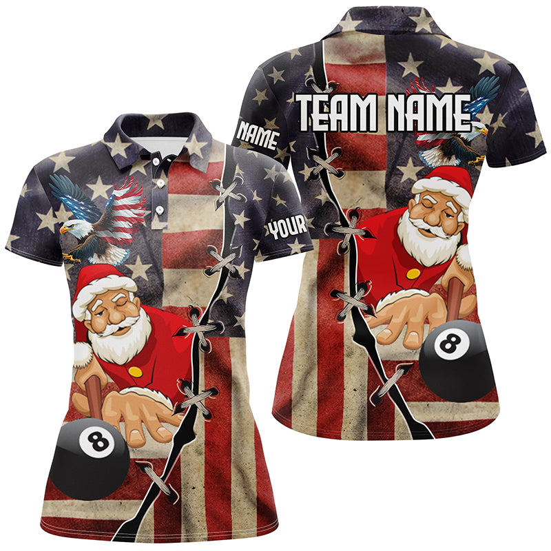 Funny Christmas Santa And Billiard Custom Us Flag Women Polo Shirts, Patriotic Women Christmas Shirts TDM0602