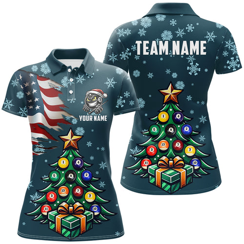 Personalized Christmas Billiard Shirts For Women Custom US Flag Christmas Pine Tree Billiard Jerseys TDM3010