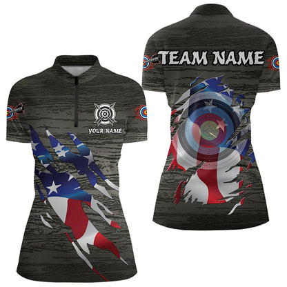 Personalized Grey Grunge USA Flag Archery Shirts For Women, American Patriotic Archery Team Jerseys TDM3243