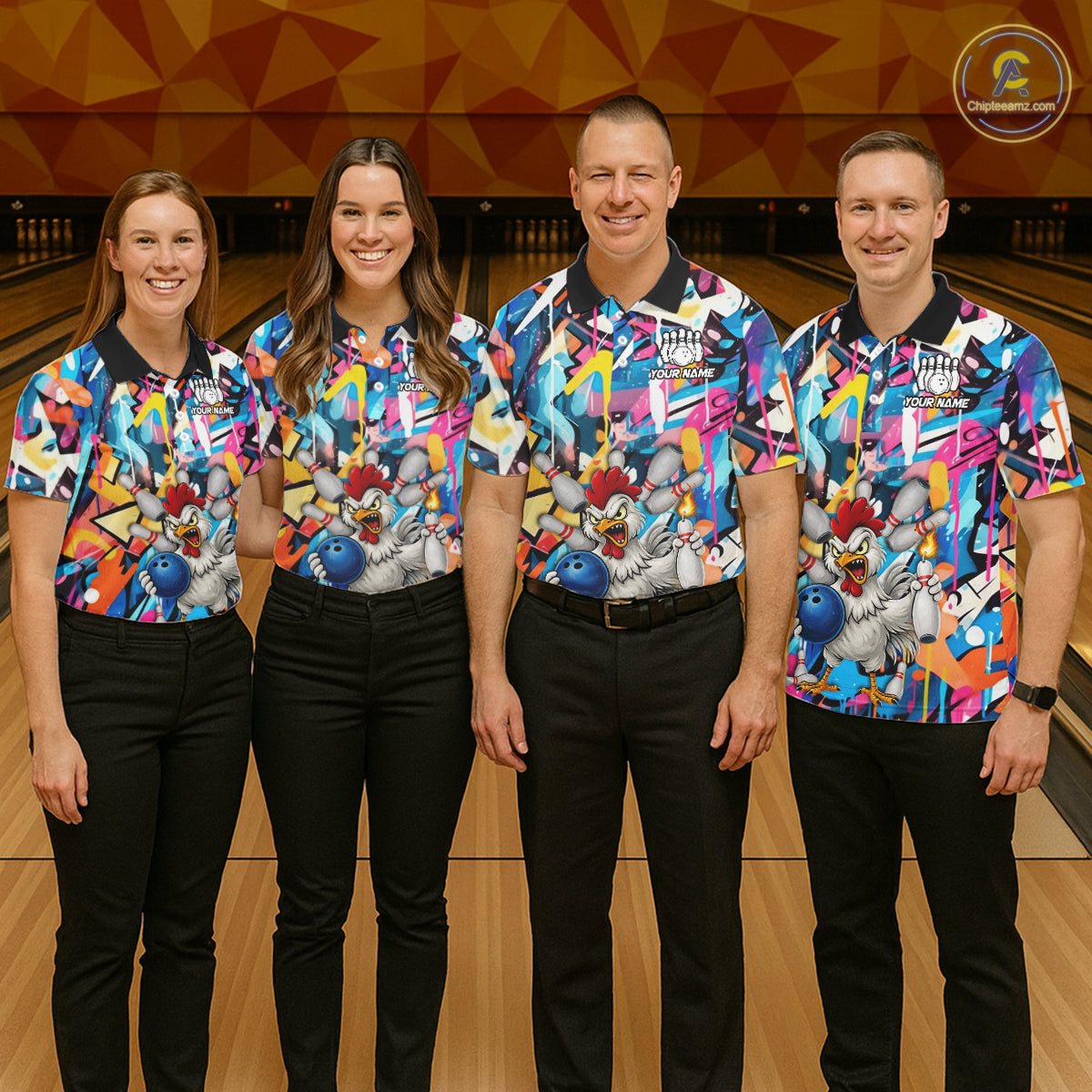 Funny Rooster Colorful Graffiti Style Custom Bowling Shirt For Men, Bowling Jersey Polo & 1/4 Zip TDM6120