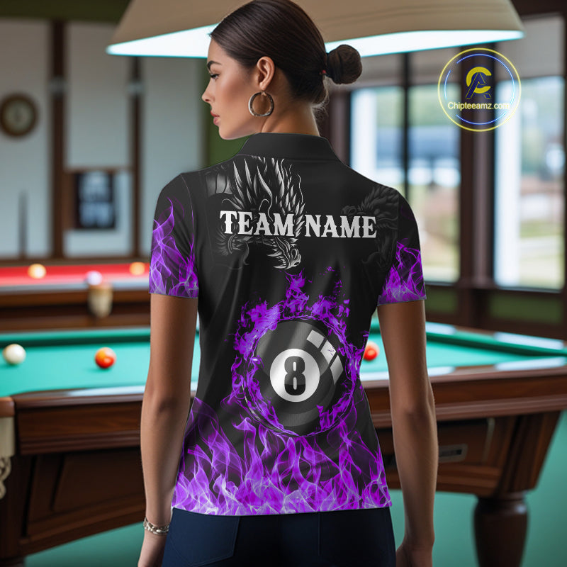 Personalized Purple Flaming Dragon 8 Ball Billiard Shirt For Women, Team League Billiard Jerseys TDM4221