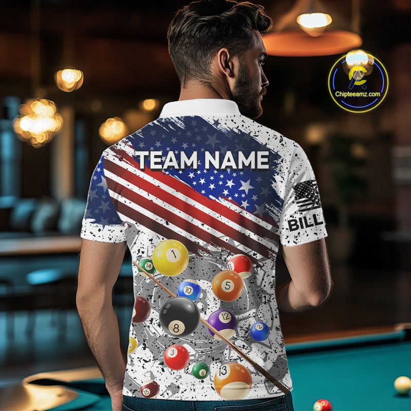 Personalized White Grunge American Flag Billiard Shirt For Men, Patriotic 8 Ball Pool Team Jerseys TDM4224