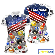 Load image into Gallery viewer, Personalized White Grunge American Flag Billiard Shirt For Women, Patriotic 8 Ball Pool Team Jerseys TDM4224