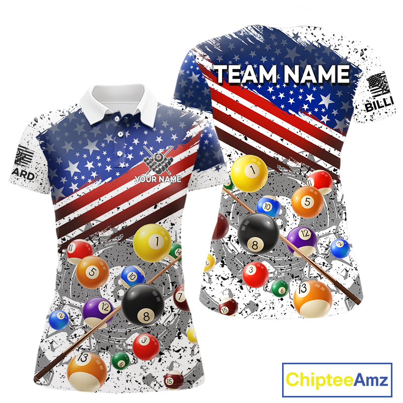 Personalized White Grunge American Flag Billiard Shirt For Women, Patriotic 8 Ball Pool Team Jerseys TDM4224