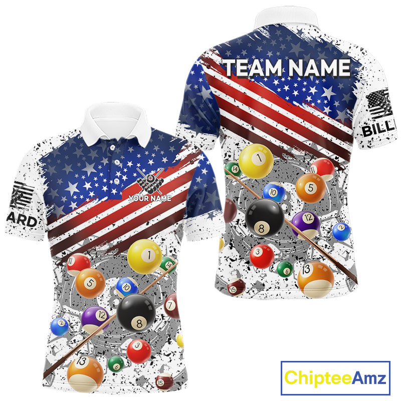 Personalized White Grunge American Flag Billiard Shirt For Men, Patriotic 8 Ball Pool Team Jerseys TDM4224