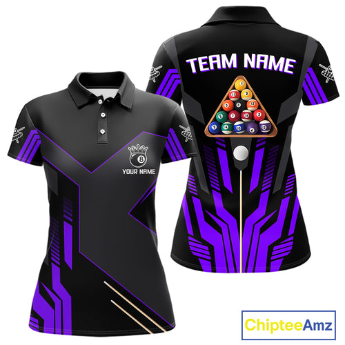 Personalized Purple Black 8 Ball Pool Shirt For Women, Billiard League Team Jersey Polo & 1/4 Zip TDM4227