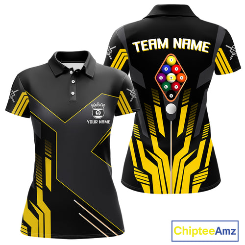 Personalized Yellow Black 9 Ball Pool Shirt For Women, Billiard League Team Jersey Polo & 1/4 Zip TDM4228