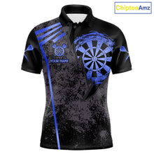 Load image into Gallery viewer, Blue grunge dartboard darts polo shirt for men with custom darts team graphics.