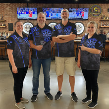 Load image into Gallery viewer, Darts team wearing matching blue grunge dartboard darts jerseys during league competition front view.