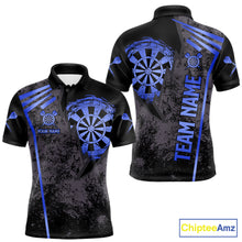 Load image into Gallery viewer, Blue grunge dartboard darts polo shirt for men with custom darts team graphics.