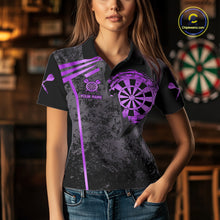 Load image into Gallery viewer, Woman wearing a purple grunge dartboard darts jersey front view.