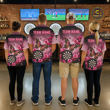 Load image into Gallery viewer, Back view of darts players wearing matching butterfly and rose darts shirts.
