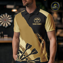 Load image into Gallery viewer, Man wearing a black and gold dartboard crown darts jersey front view.