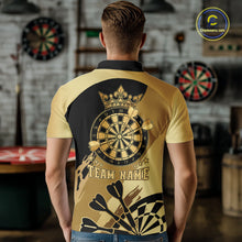 Load image into Gallery viewer, Back view of man wearing a black and gold dartboard crown darts shirt.