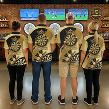 Load image into Gallery viewer, Back view of darts players wearing matching black and gold dartboard crown darts shirts.
