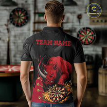 Load image into Gallery viewer, Back view of man wearing a black and red funny rhino darts shirt.