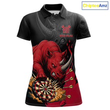 Load image into Gallery viewer, Black and red funny rhino darts polo shirt for women with custom darts team graphics.