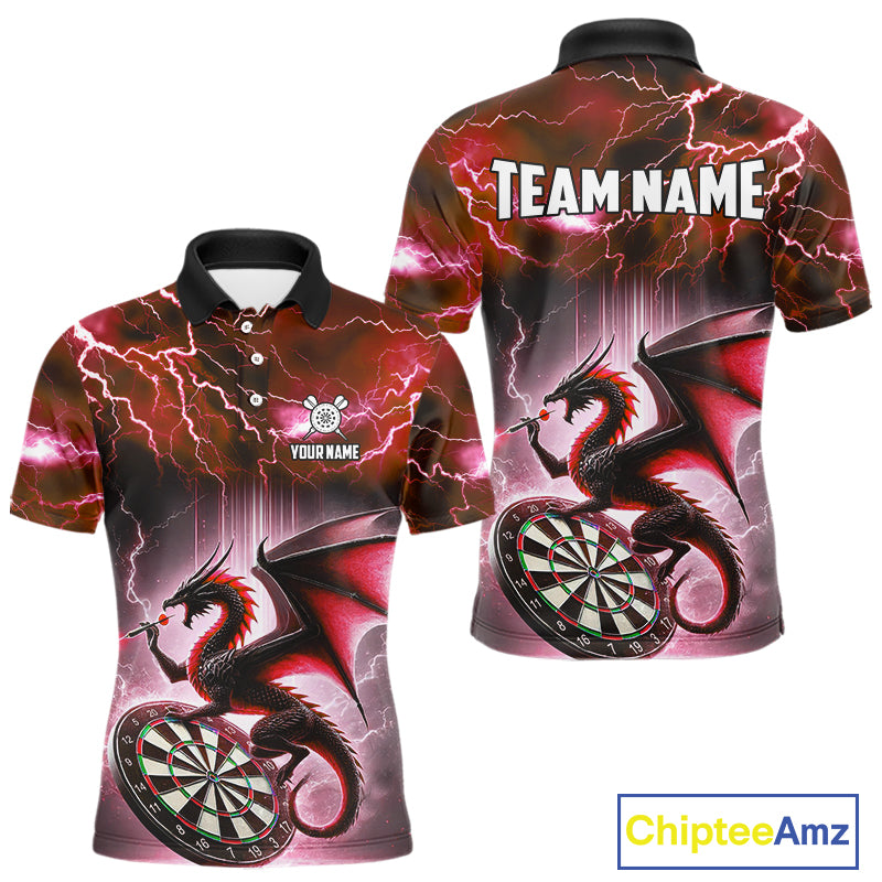 Custom Red Thunder Lightning Dragon Darts Shirt For Men, Darts League Jersey Polo & 1/4 Zip TDM4386
