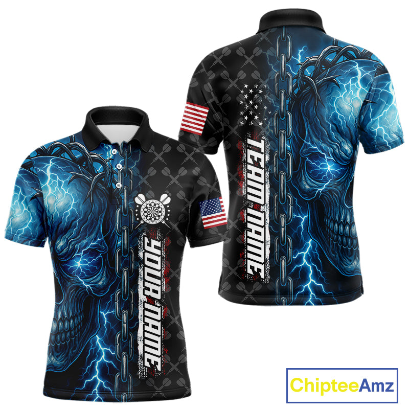 Personalized Blue Darts Skull Thunder Lightning Darts Shirt For Men, US Flag Darts Team Jersey TDM4613