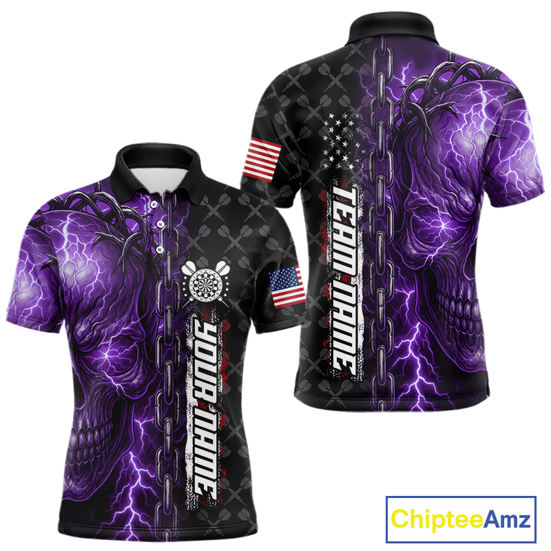 Personalized Purple Darts Skull Thunder Lightning Darts Shirt For Men, US Flag Darts Team Jersey TDM4614