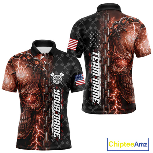 Personalized Orange Darts Skull Thunder Lightning Darts Shirt For Men, US Flag Darts Team Jersey TDM4615
