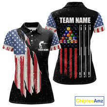 Load image into Gallery viewer, Personalized Grunge American Flag Women&#39;s Billiard Shirt, Patriotic Pool Team Shirt Polo &amp; 1/4 Zip TDM5242