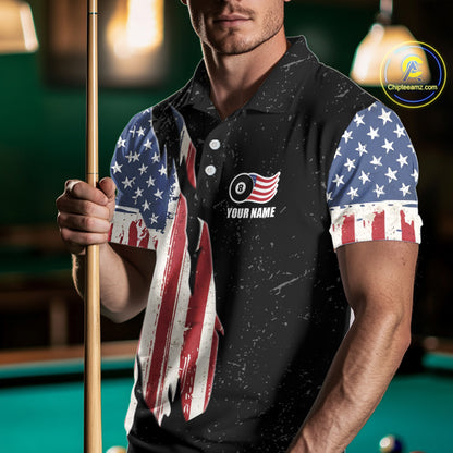 Personalized Grunge American Flag Men's Billiard Shirt Custom 8 Ball Pool Billiard Team Jersey TDM5243
