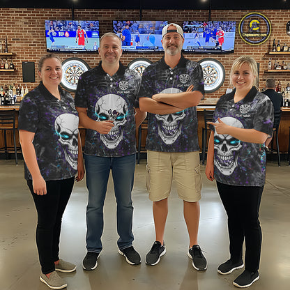 Blue Purple Grunge Skull Darts Polo & 1/4 Zip For Men Custom Darts Team Jersey, Funny Darts Gifts TDM5504