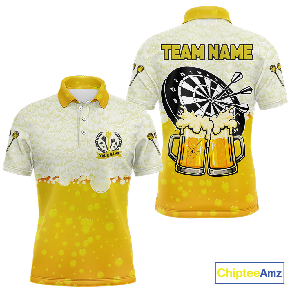 Personalized Yellow Funny Darts And Beer Men's Dart Shirts, Darts Team Jersey Polo & 1/4 Zip TDM5509