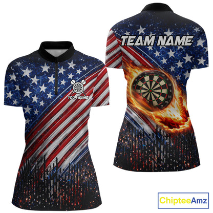 American Flag Fire Flame Darts Shirt For Women Custom Patriotic Darts Jersey Team Polo & 1/4 Zip TDM6125