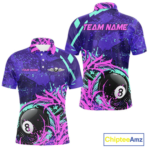 Personalized 8 Ball Billiard Shirt For Men | Neon Purple, Pink & Teal Paint Funny Pool Team Jersey TDM4232