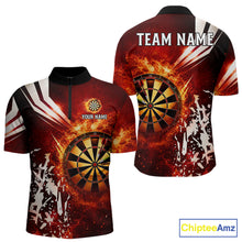 Load image into Gallery viewer, Red fire dartboard darts quarter zip shirt for men designed for league tournaments and team events.
