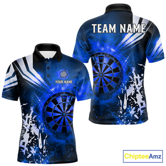 Blue fire dartboard darts polo shirt for men with custom darts team graphics.