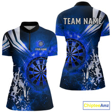 Load image into Gallery viewer, Blue fire dartboard darts quarter zip shirt for women designed for league tournaments and team events.