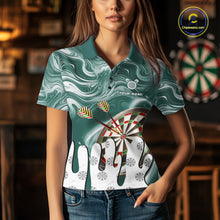Load image into Gallery viewer, Woman wearing a green marble swirl darts jersey front view.