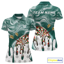 Load image into Gallery viewer, Green marble swirl darts polo shirt for women with custom darts team graphics.